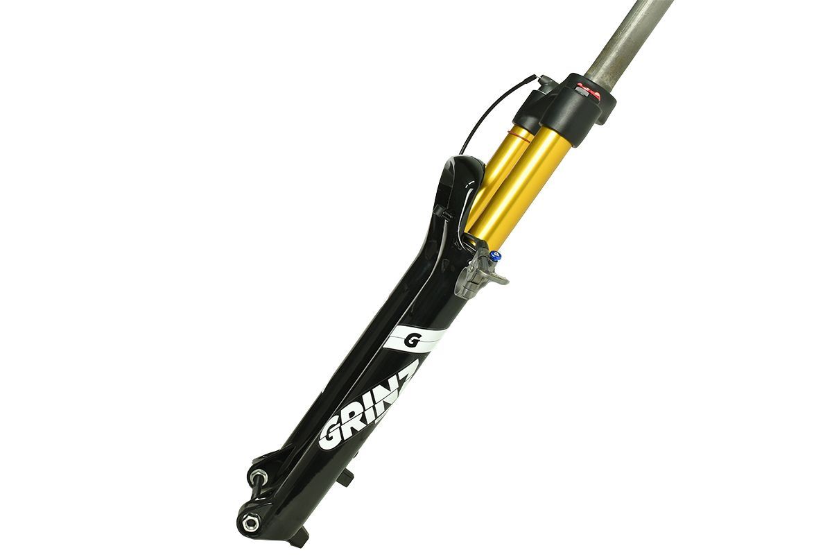 Вилка GRINZ ES-547 HRLO AIR 27,5"1.1\8"ход120мм, воздушная, локаут гидравлический, магниевый сплав, под ось 15мм, безрезьбовая, черная\белая\золотая 1,8кг., без оси!